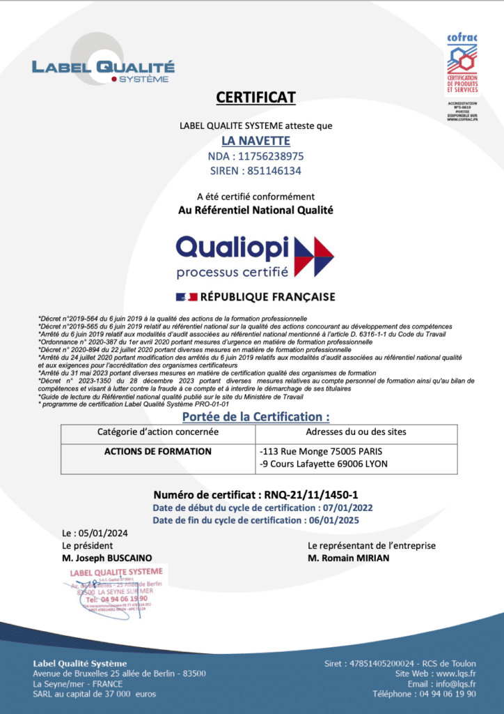 Certification Qualiopi auto-école La Navette
