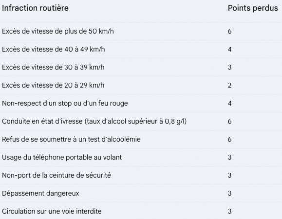 tableau indicatif concernant la perte de points sur mon permis à points.